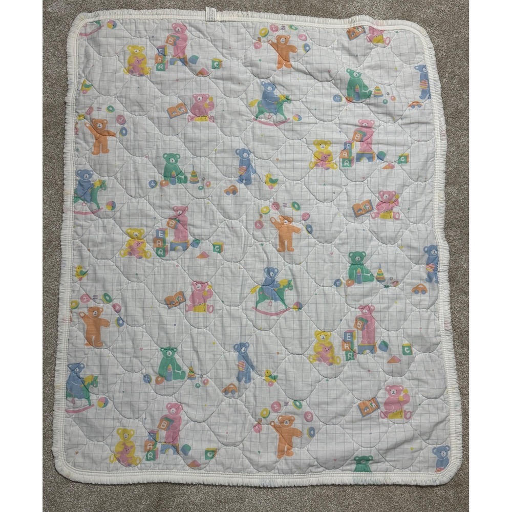 Vintage Curity Quilted Baby Blanket Teddy Bears ABC Blocks Pastel White 33x40